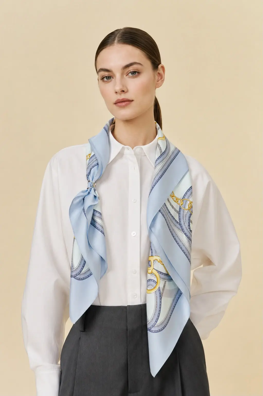 Model wearing the Arabesques — Ciel silk scarf