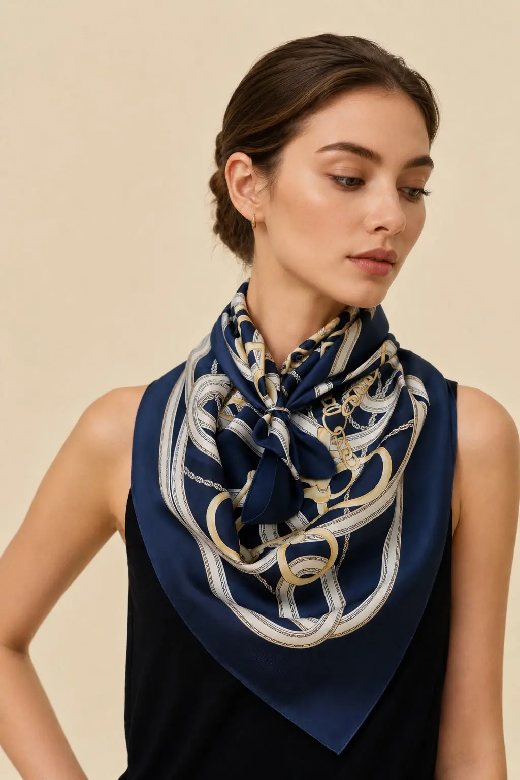 Model wearing the Arabesques — Nuit silk scarf