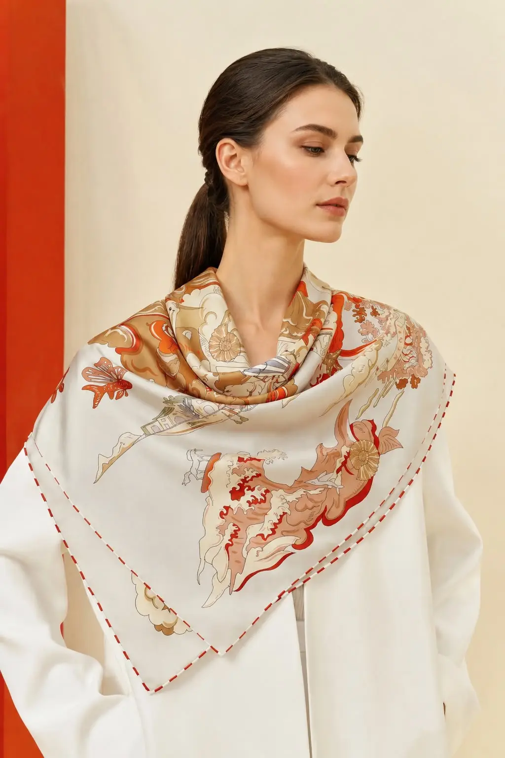 Model wearing the Le Phénix silk scarf
