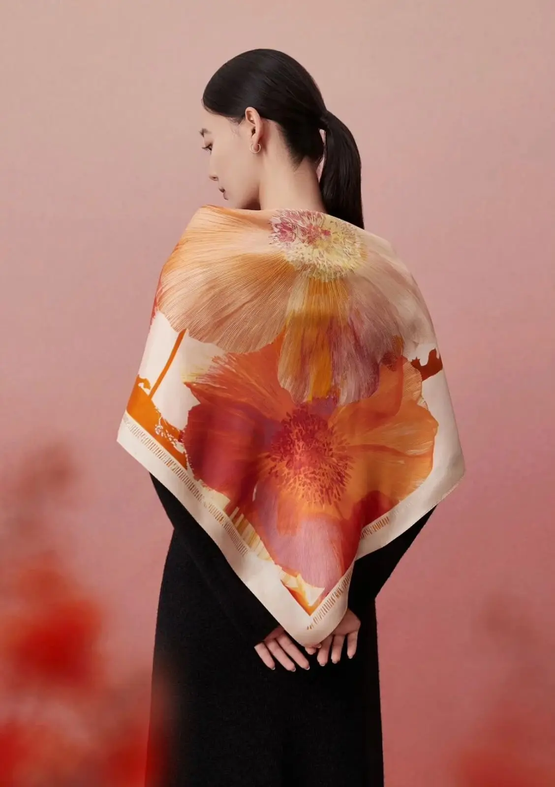 Model wearing the Les Camélias — Chestnut silk scarf