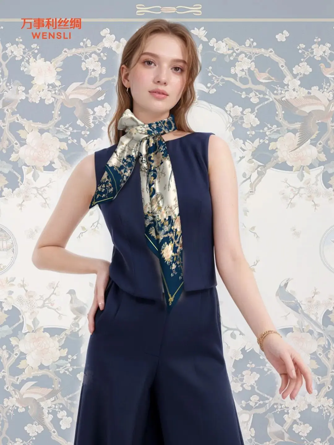 Model wearing the Nuit d’Étoiles silk scarf