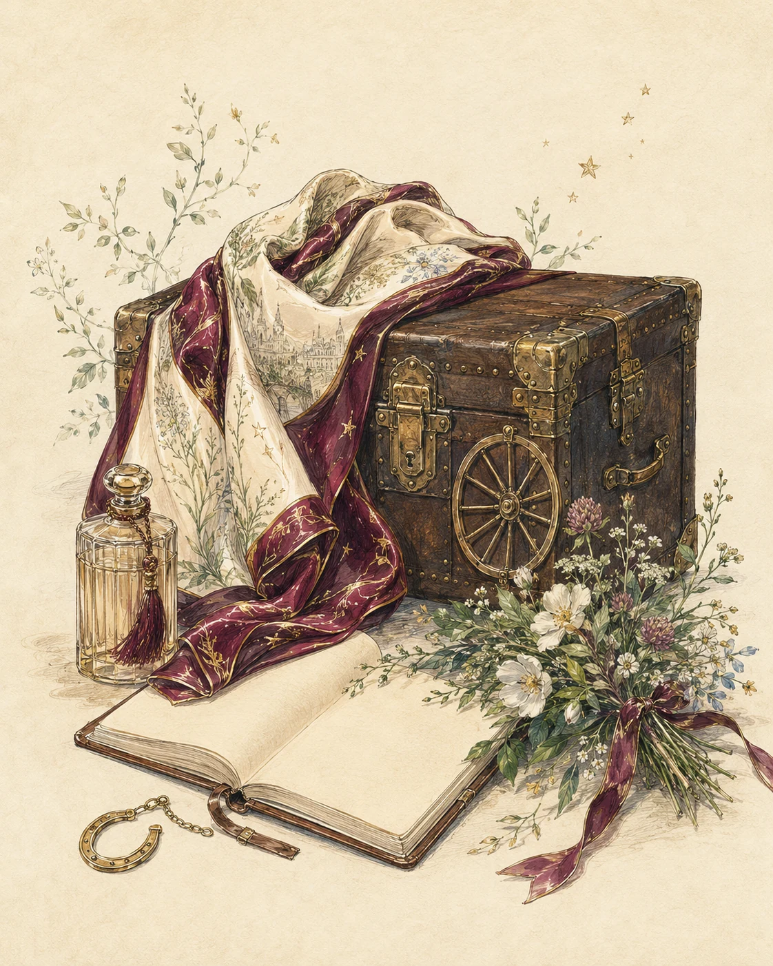 A hand-drawn YAZÈ story of fine silk, a travel trunk, an open memory book and flowers