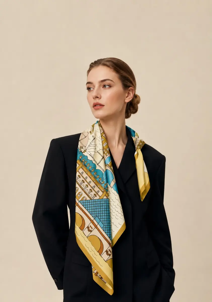Model wearing the Mémoire de Paris silk scarf
