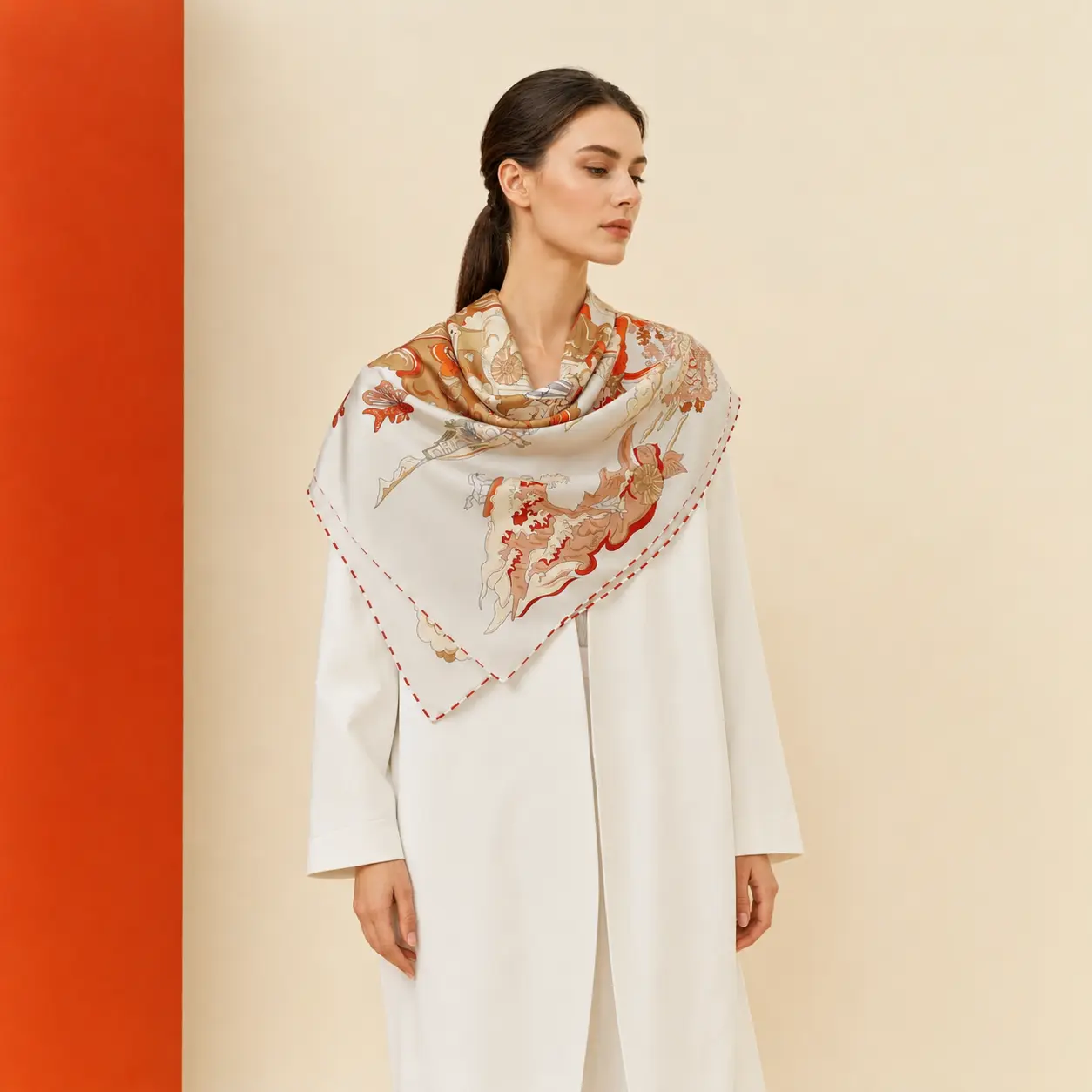 Model wearing the Phénix silk scarf