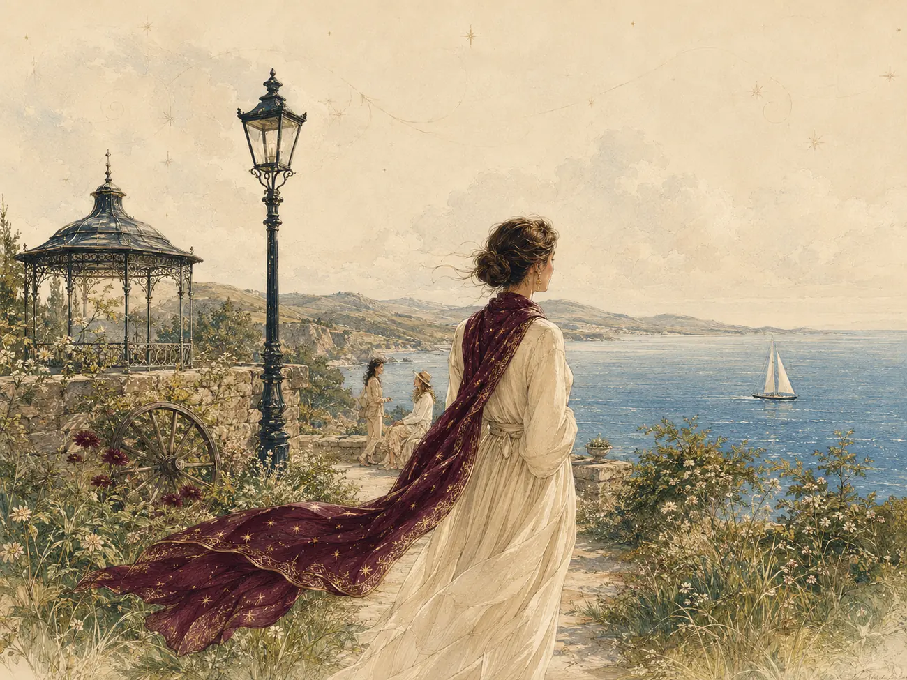 An illustrated woman wearing a burgundy silk scarf beside the sea