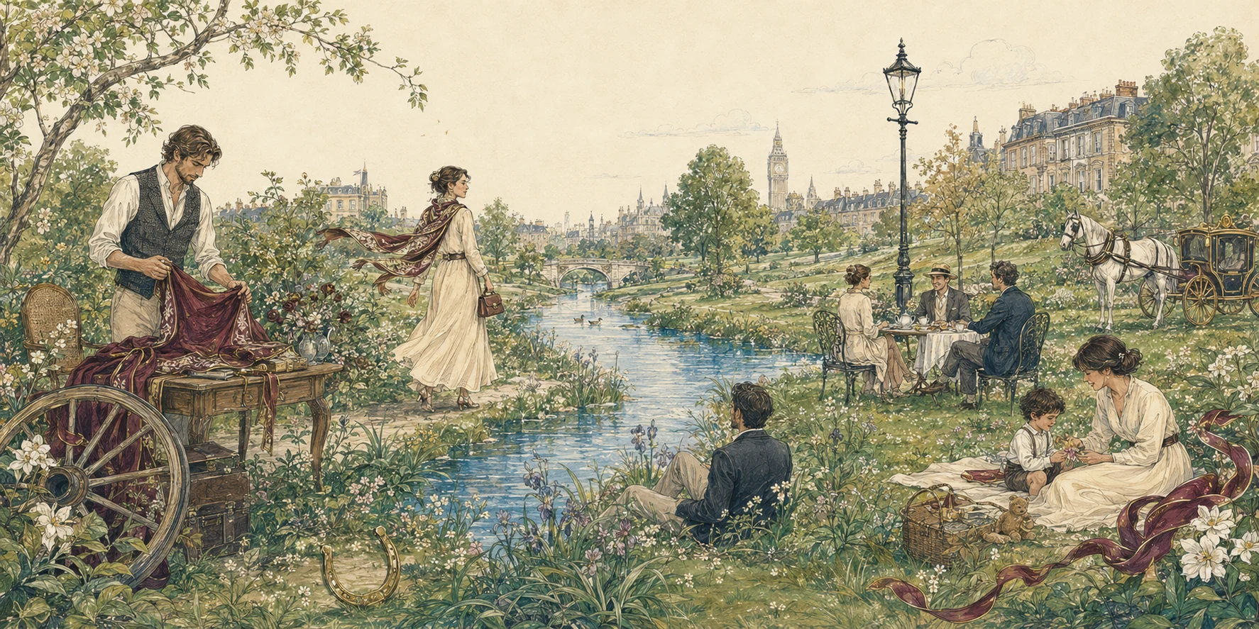 An illustrated YAZÈ World in a London park, filled with craftsmanship, elegant everyday moments, family, friendship and a carriage