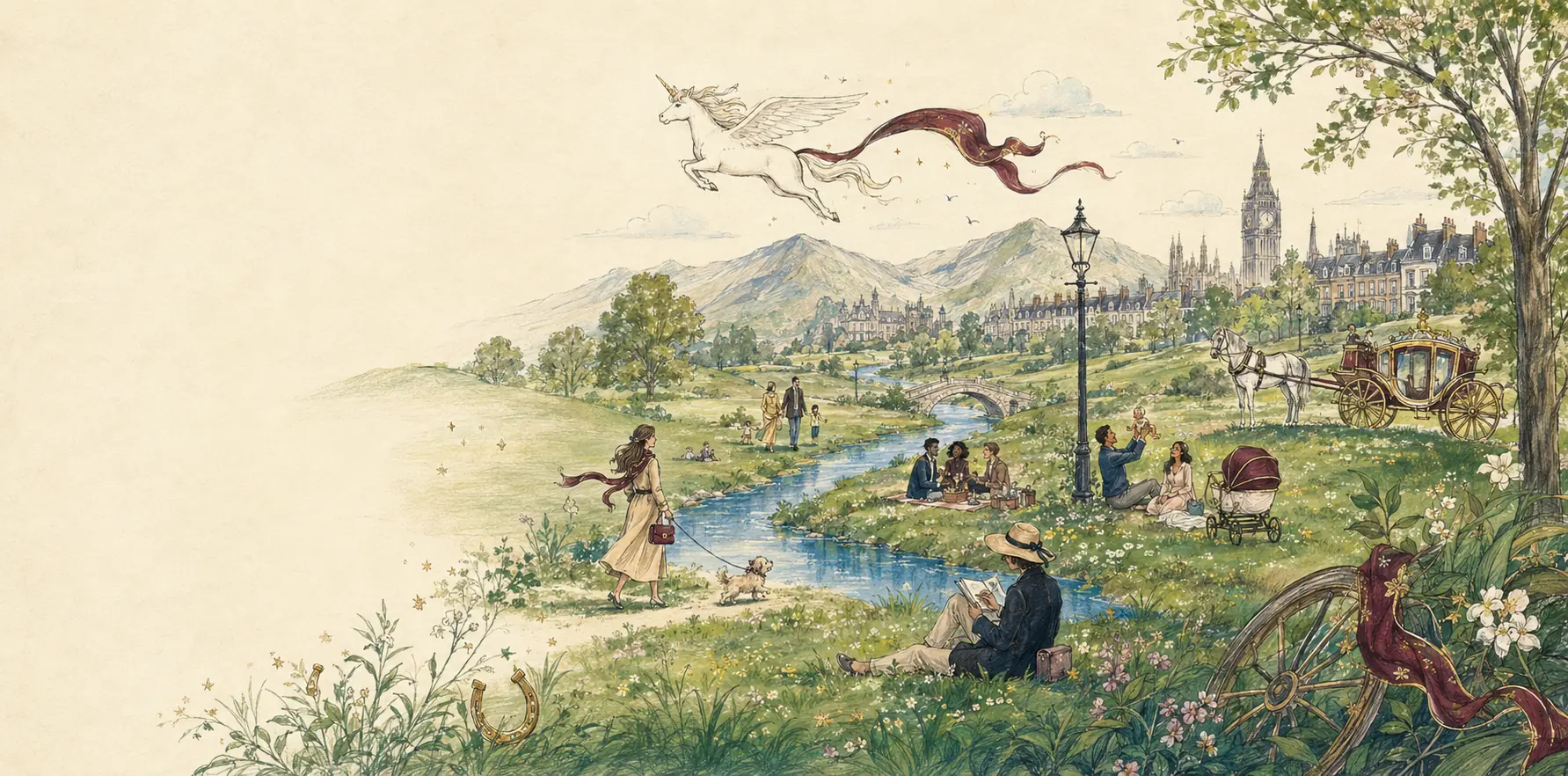 An illustrated YAZÈ World with a river, mountains, a flying unicorn, London, families, a woman and her dog, and a horse-drawn carriage